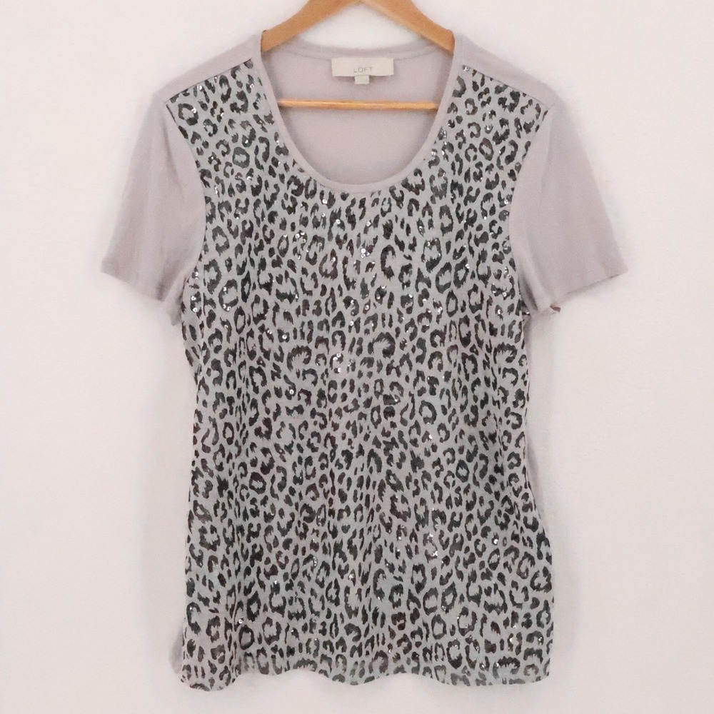 Loft Sequin Leopard Print Top Womens Size L Grey Animal Print Glam Lightweight